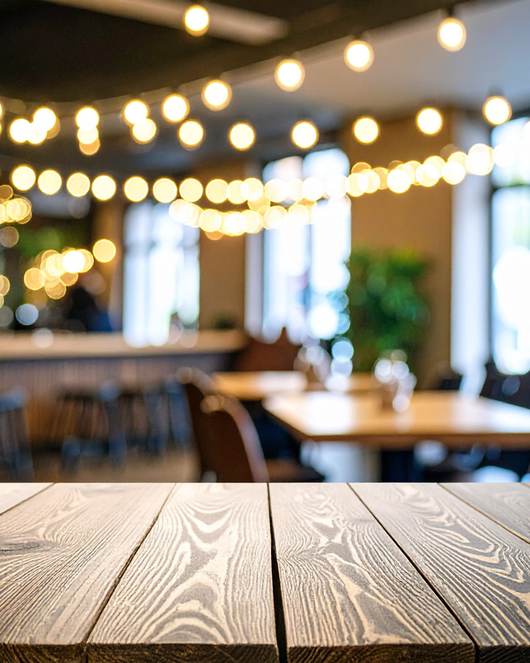 Wooden table in focus with blurred background of string lights and restaurant interior.