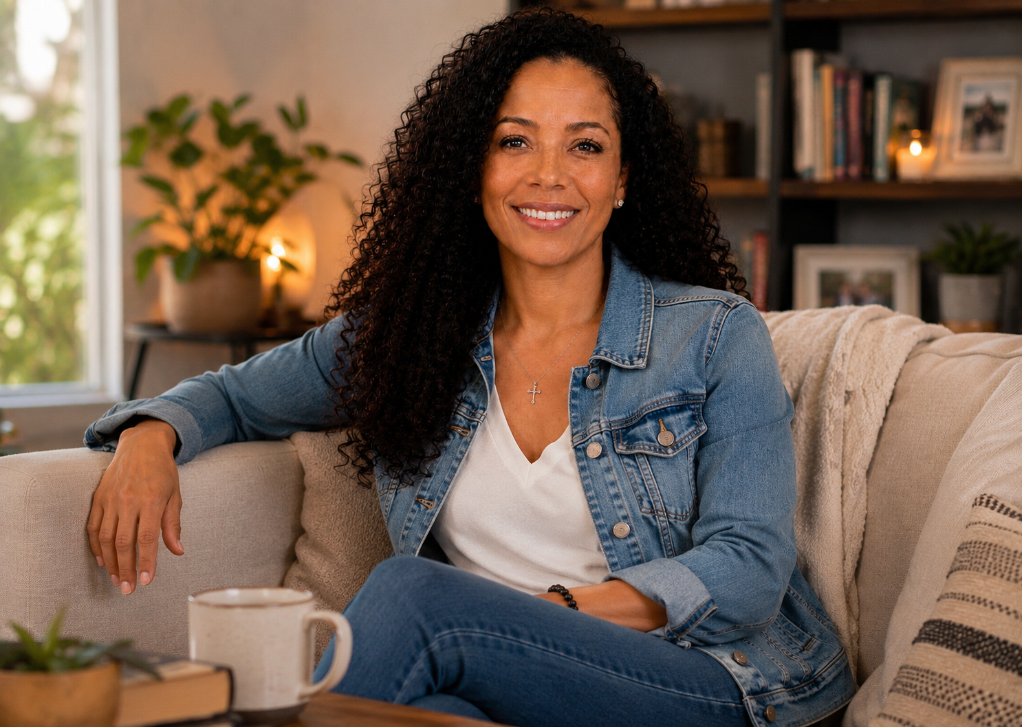 A woman with curly dark hair smiling and sitting on a beige couch in a cozy living room. She is wearing a denim jacket over a white shirt, with a cross necklace, and has a coffee mug and a small potted plant on the table in front of her. The background features bookshelves, framed photos, and warm lighting.