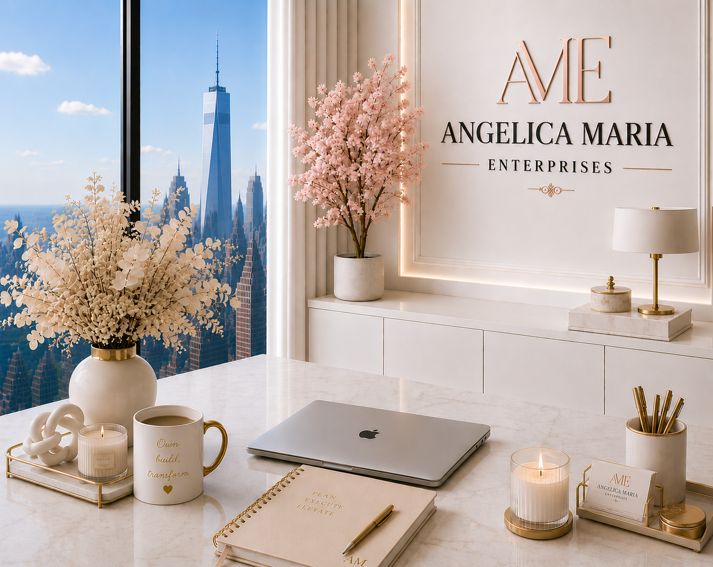 Modern office desk with a laptop, planner, scented candles, coffee mug, and decorative plants, with a backdrop of New York City skyline through large windows.