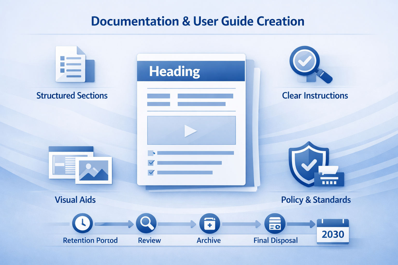 Infographic outlining key components of documentation and user guide creation for records management.