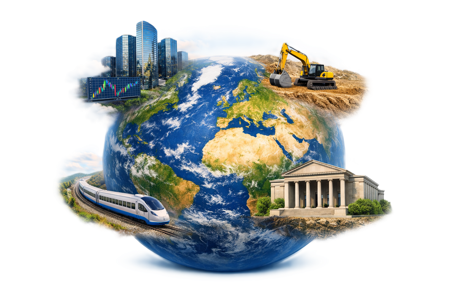A globe surrounded by images of urban development, transportation, construction, and government buildings, symbolizing global infrastructure and progress.
