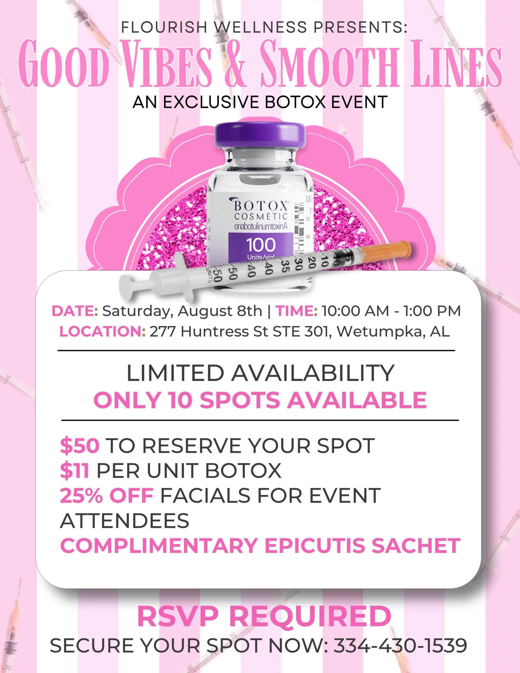 ✨ GOOD VIBES &amp; SMOOTH LINES ✨
Join us for an exclusive Botox Event at Flourish Wellness! 💉💖
Whether you&rsquo;re new to Botox or it&rsquo;s part of your self-care routine, this is the perfect opportunity to refresh your look while enjoying excl