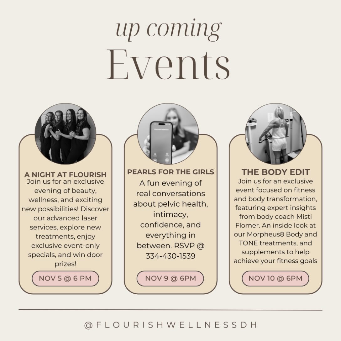 November is looking GOOD at Flourish! 🤍✨

Three unforgettable evenings, three unique experiences, and so many exciting things happening at Flourish!

From the latest in aesthetics and wellness to real conversations about pelvic health and body confi