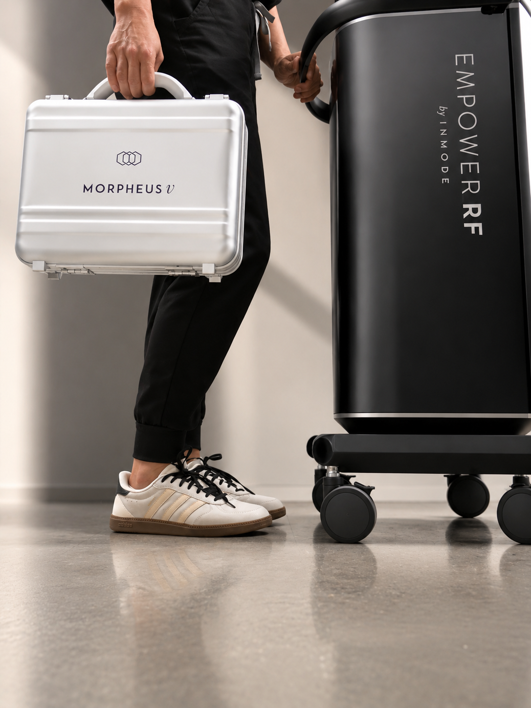 Person in black pants and white sneakers standing next to a black samrt trolley with a silver carrying case labeled 'MORPHEUS' and a large black medical device labeled 'EMPOWER RF by IMODE'.