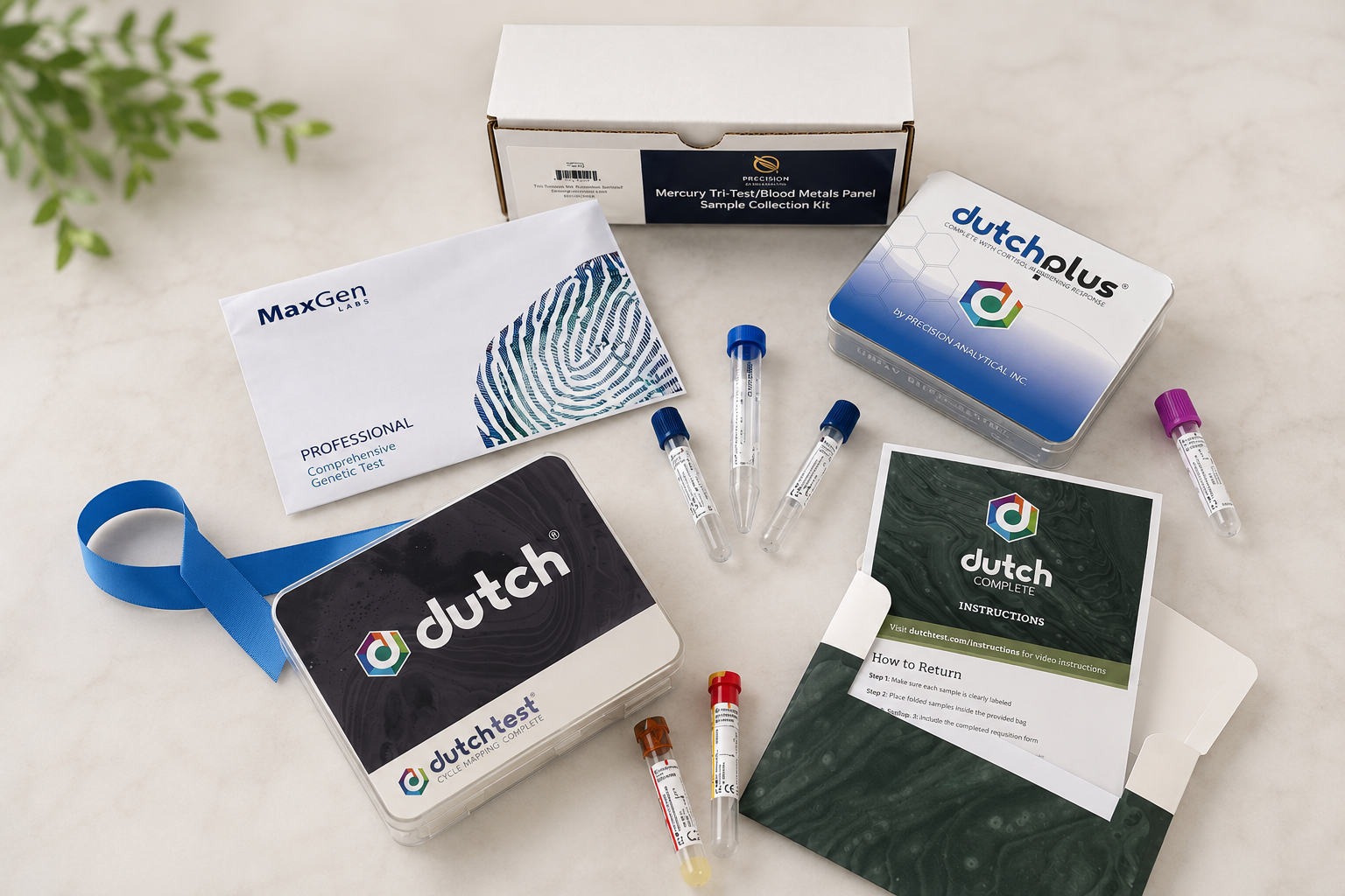 Medical testing kit with vials, instructions, and sample collection containers for genetic and blood tests, branded with Dutch Test and MaxGen Labs.