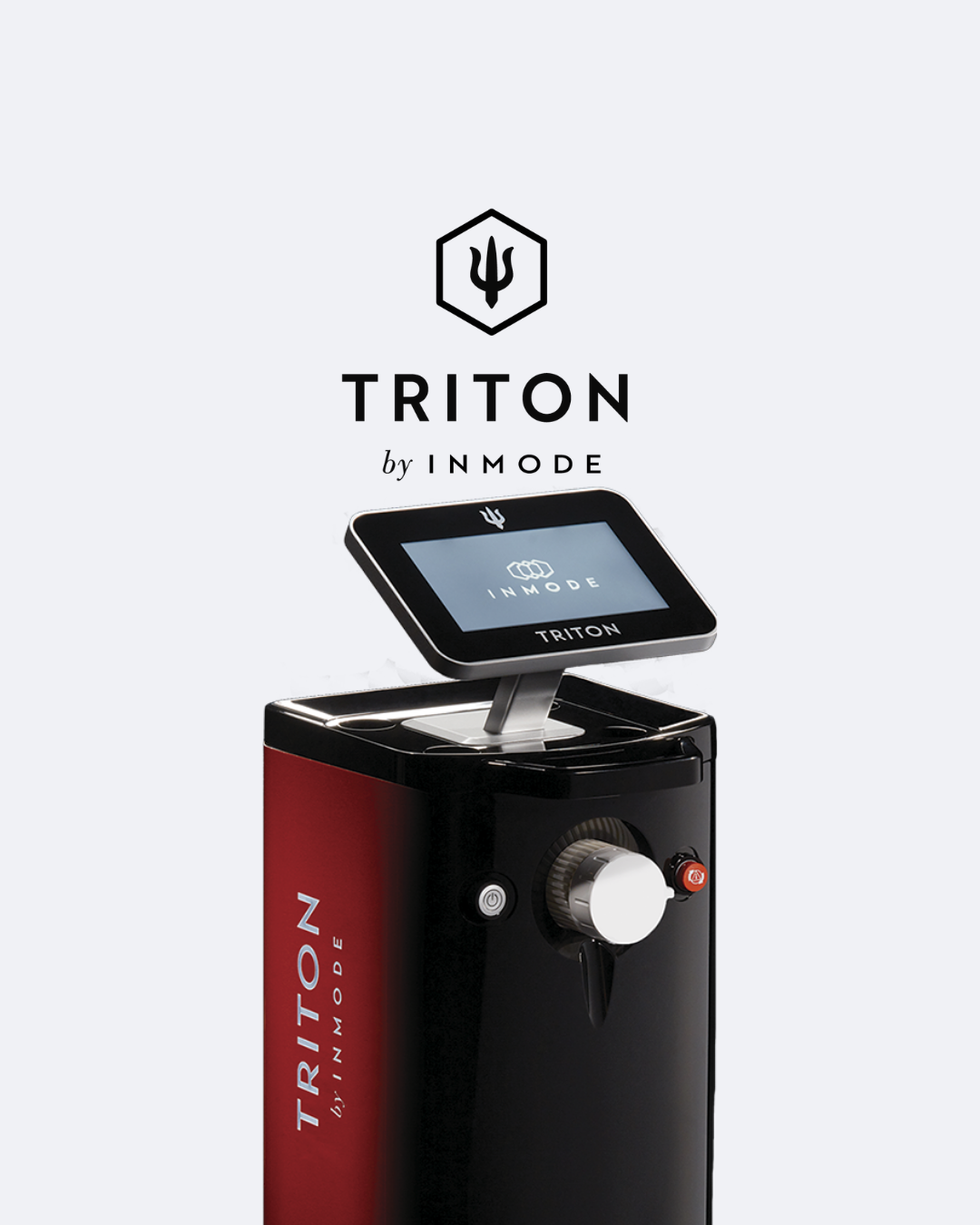 A black and red medical device called Triton by InMode, with a touchscreen display, set against a light background with the Triton logo and branding.