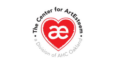 Logo for The Center for Art and Eldery, a division of AHC Oakland, featuring a red heart with a stylized white lowercase 'ae' inside