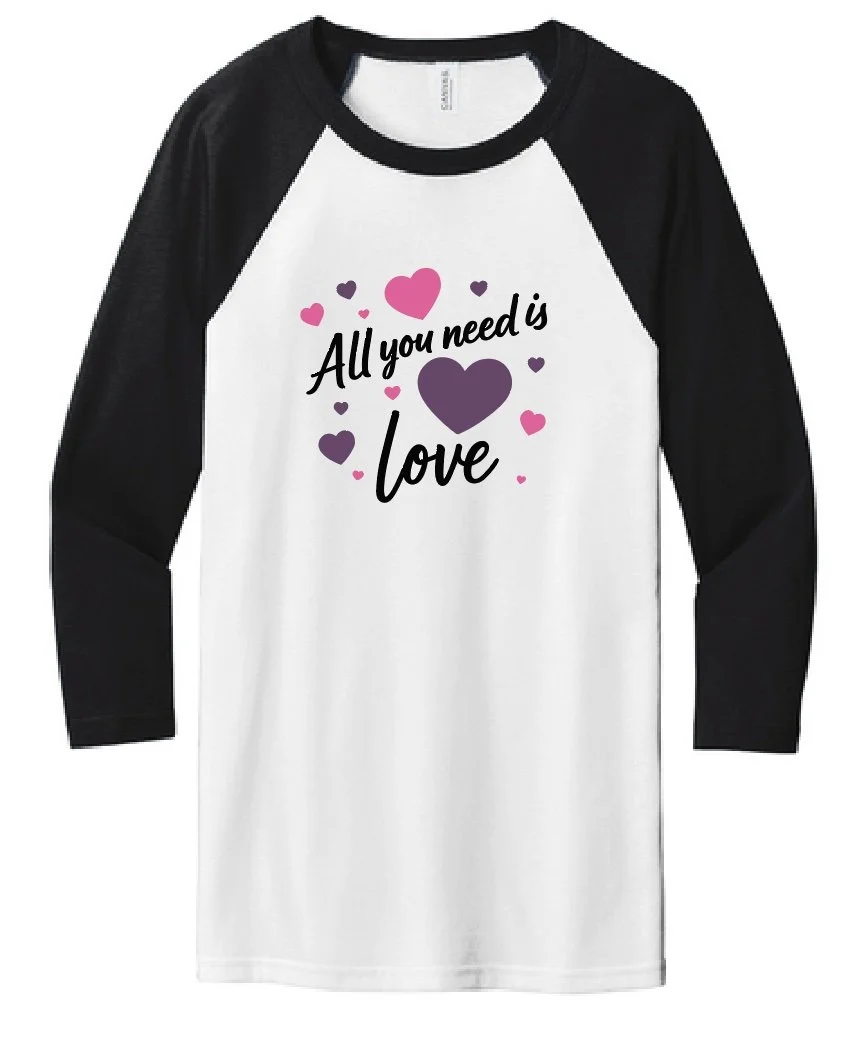 WCA All You Need is Love Unisex Baseball Tee - Youth and Adult - Black & Purple Sleeves