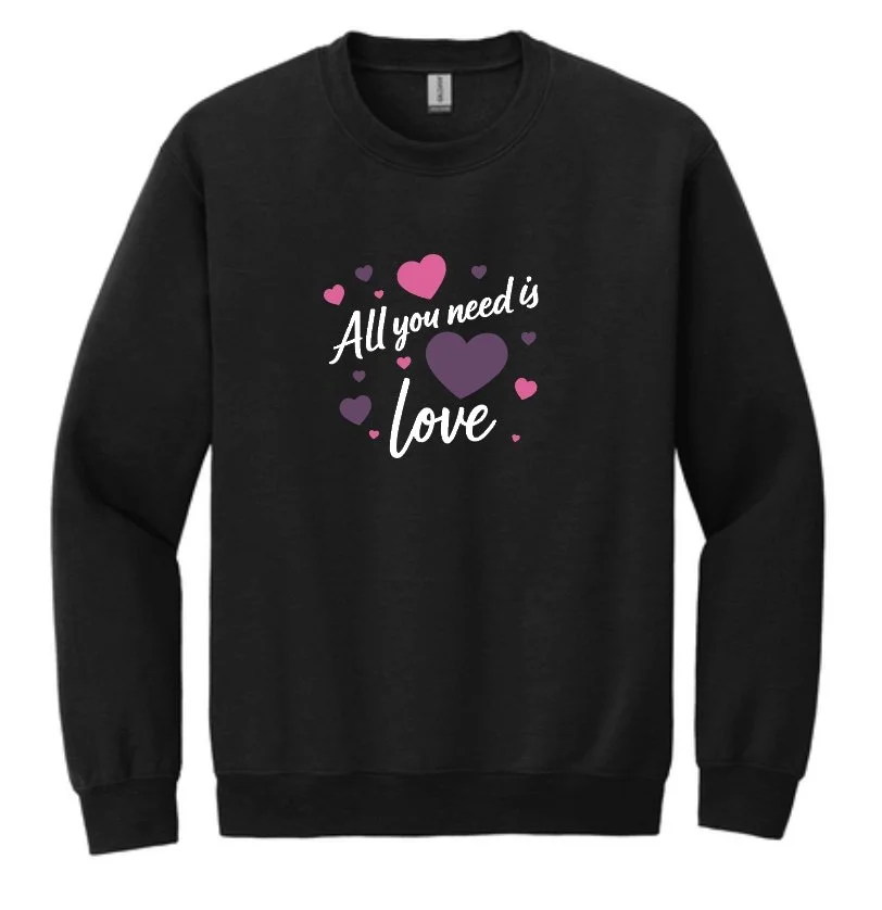 WCA All You Need is Love Unisex Crewneck Sweatshirt - Youth and Adult - Black and White