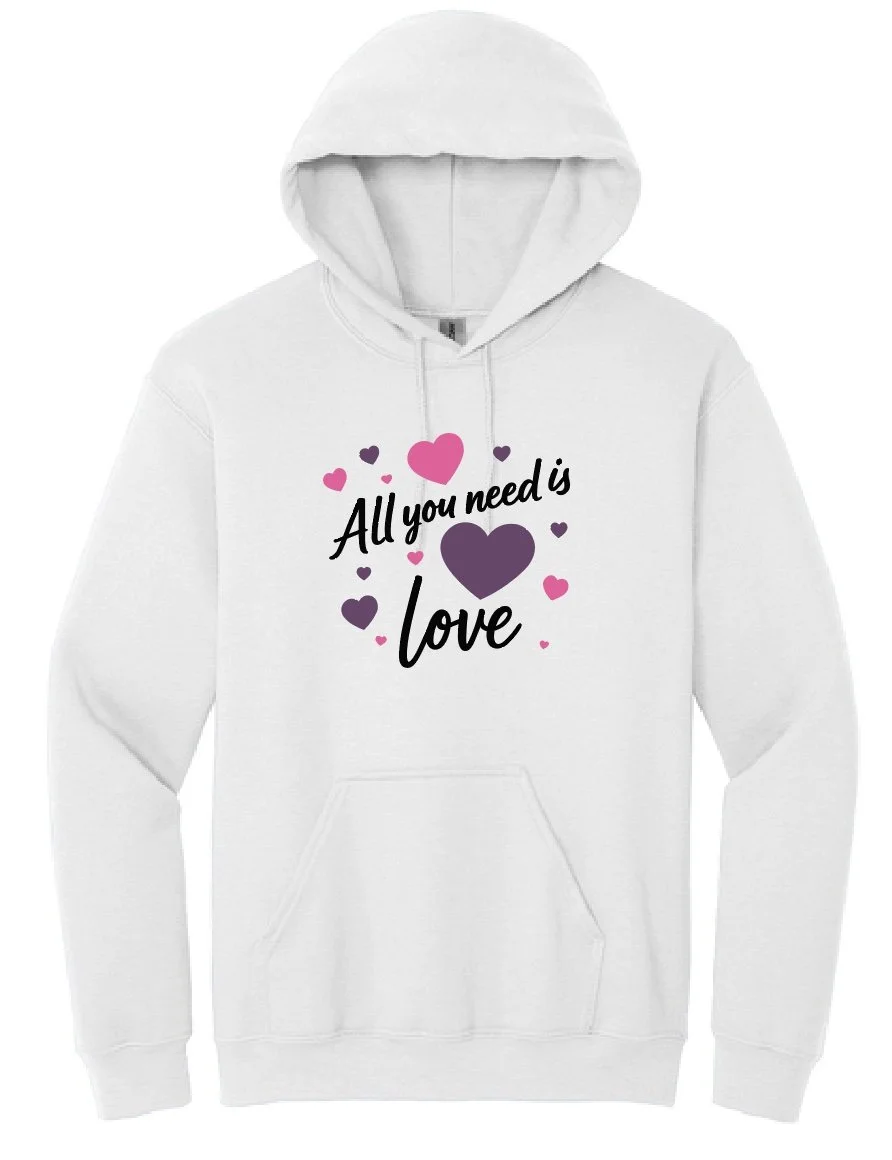 WCA All You Need is Love Unisex Hooded Sweatshirt - Black and White - Adult and Youth