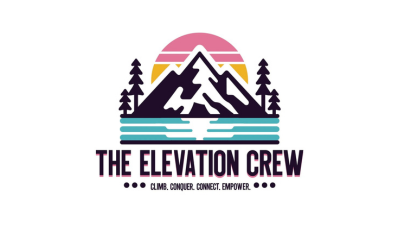 Logo for The Elevation Crew featuring stylized mountains, trees, water, and a sunset with the tagline 'Climb. Conquer. Connect. Empower.'