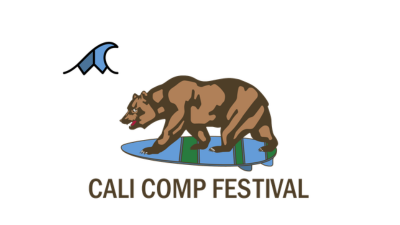 Illustration of a bear catching fish from the water, with a waves icon and 'CALI COMP FESTIVAL' text.