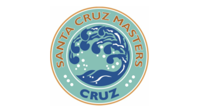 Logo with a stylized ocean wave and bubbles, encircled by orange text that reads 'Santa Cruz Masters' and a blue banner with the word 'Cruz' underneath.