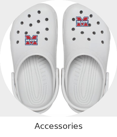 Pair of white Crocs with Meadow logo on each shoe, shown from above, labeled as accessories.