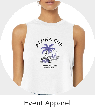 White sleeveless t-shirt with a graphic of palm trees, a wave, and hibiscus flowers, and the text 'Aloha Cup Honolulu HI June 17-19, 2026'.
