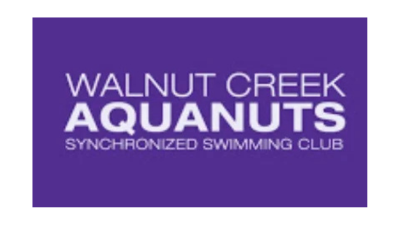 Logo of Walnut Creek Aquanuts, a synchronized swimming club, on a purple background.