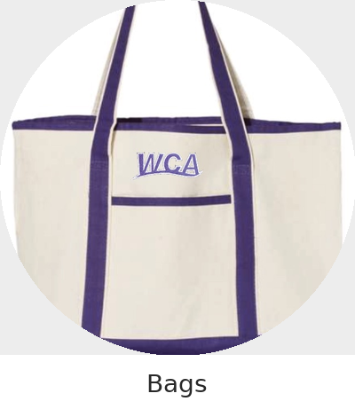 White tote bag with purple straps and trim, with 'WCA' embroidered on the front.