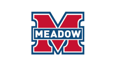 Logo with a large red letter M outlined in blue and white, with the word MEADOW inside a blue banner across the middle.
