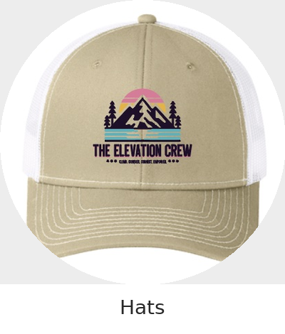 Beige baseball cap with white mesh back and a mountain and trees logo reading 'The Elevation Crew' on the front.