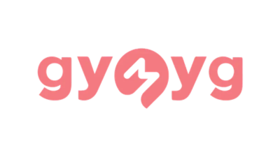 Logo with the text 'gygyg' in bold pink letters, with a heart-shaped 'g' in the center.