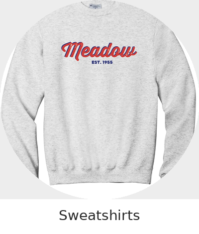Grey sweatshirt with red and blue embroidered text reading 'Meadow' and 'Est. 1955' underneath.