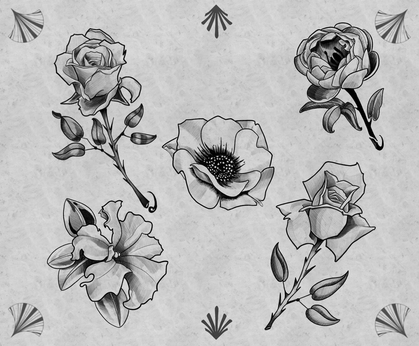 I just finished this illustrative flower flash sheet! $200 per hand sized design! I would love to tattoo these! Message me when you&rsquo;re interested and we&rsquo;ll set something up! Thanks! ❤️&zwj;🔥

#denver #tattoo