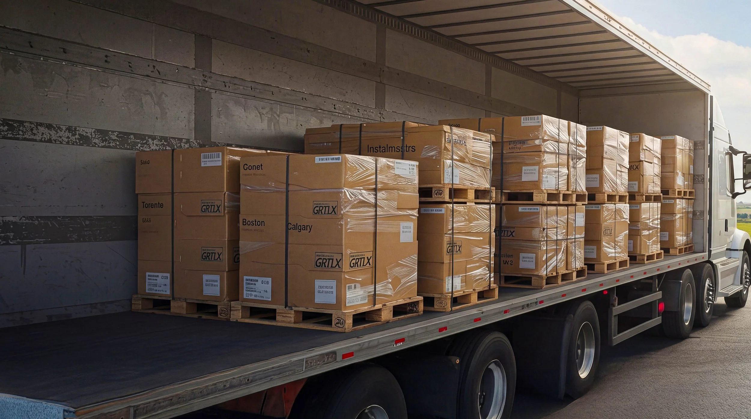 A large white truck with an open side door loaded with stacked cardboard boxes on wooden pallets, parked outdoors on a road.