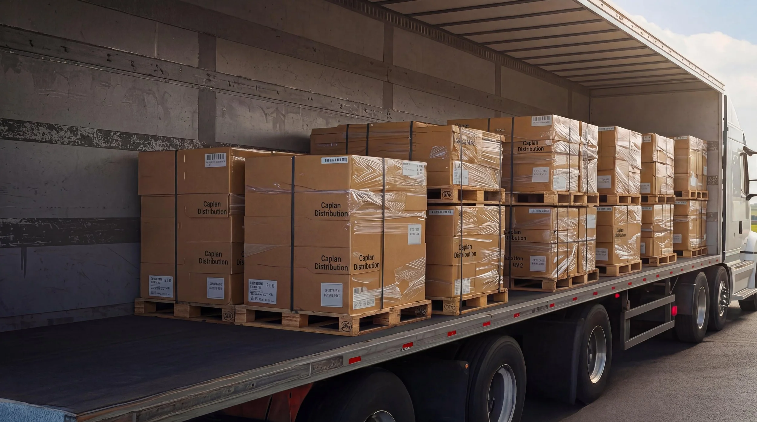 A truck loaded with brown cardboard boxes on pallets, labeled 'Caplan Distribution,' is parked next to a concrete wall.