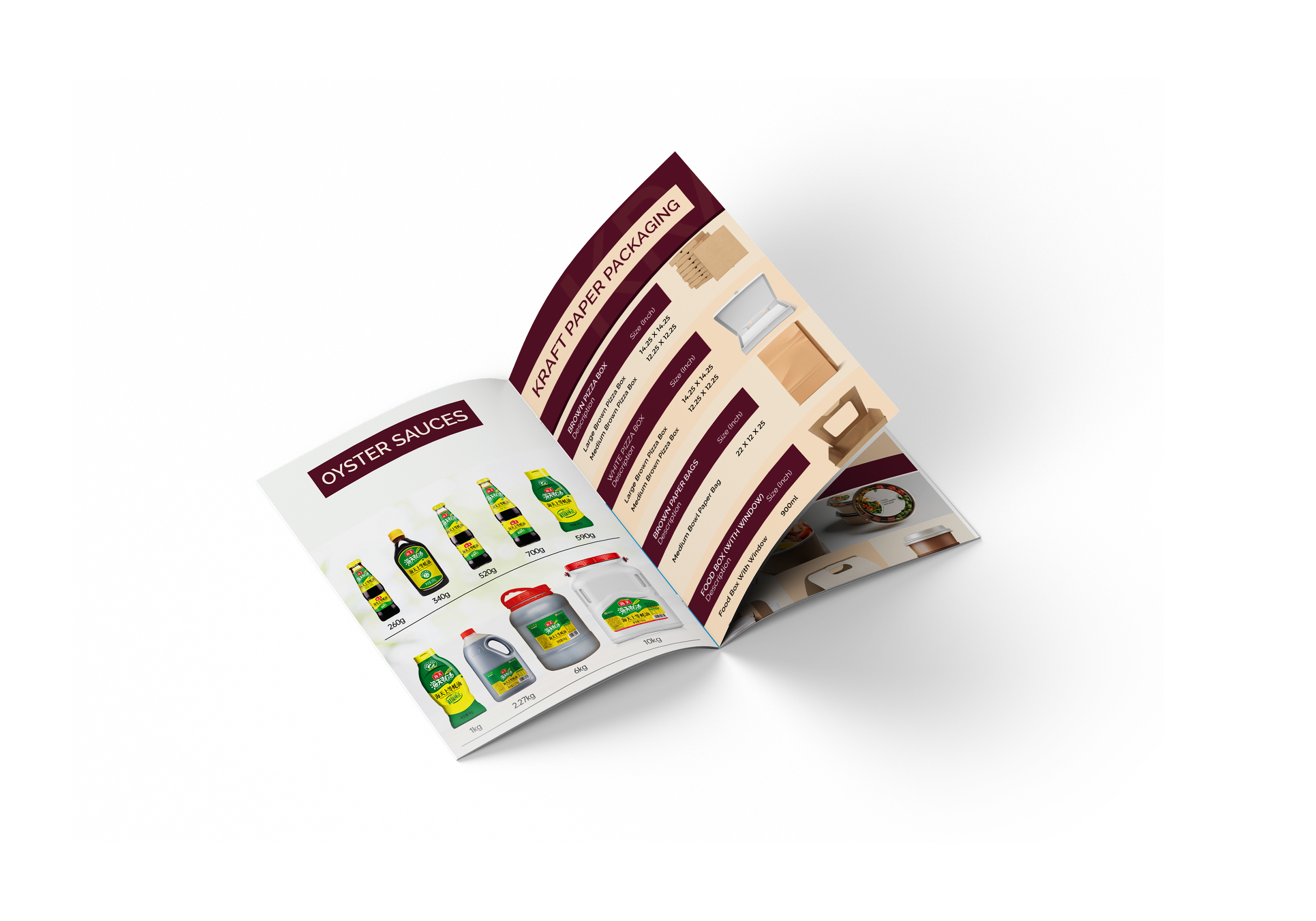 Open catalog showing bottles of oyster sauce and other condiment bottles on pages with product descriptions and dimensions.
