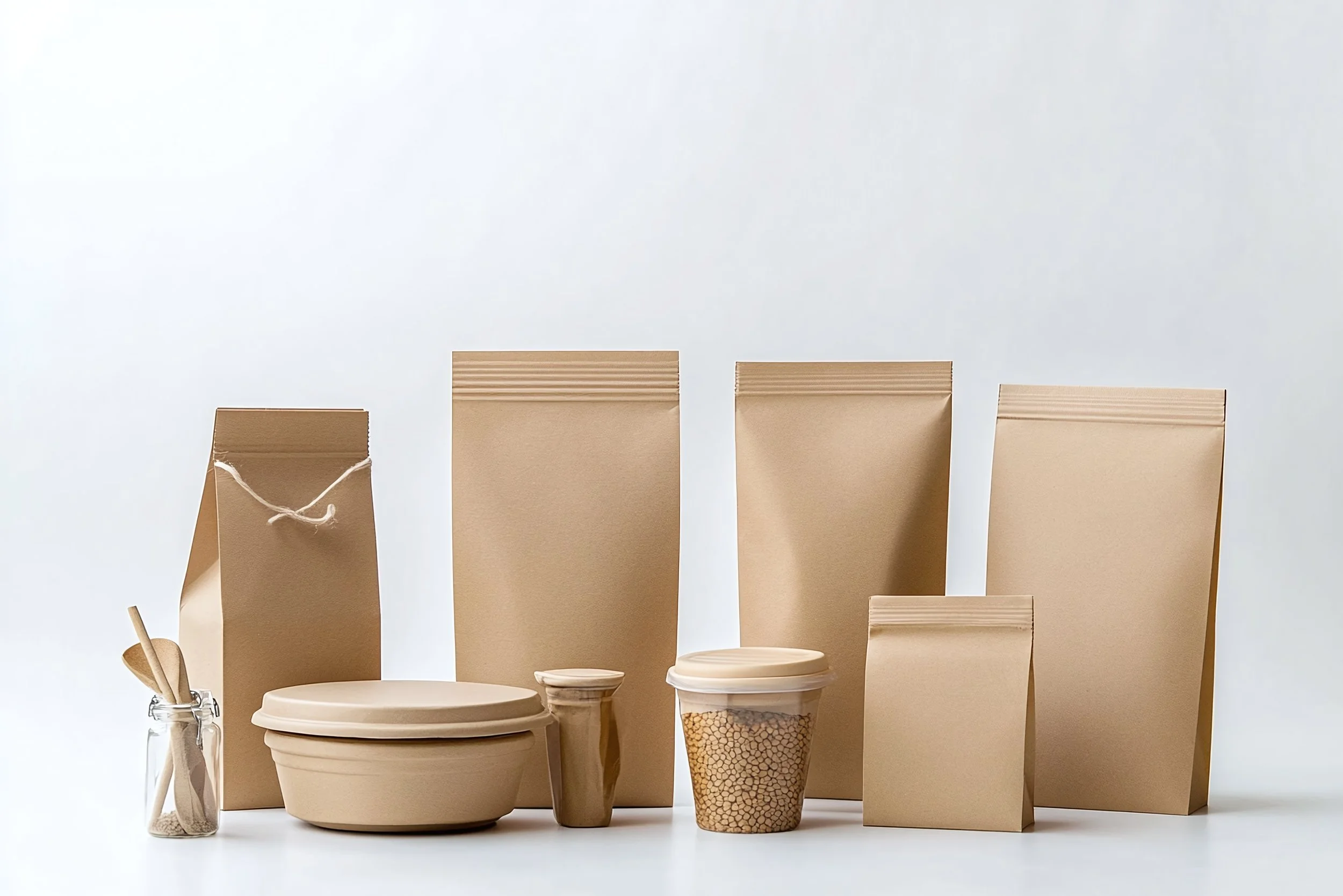Various paper and cardboard packaging items including paper bags, coffee cups, takeaway containers, and paperboard coffee cups, arranged on a white background.
