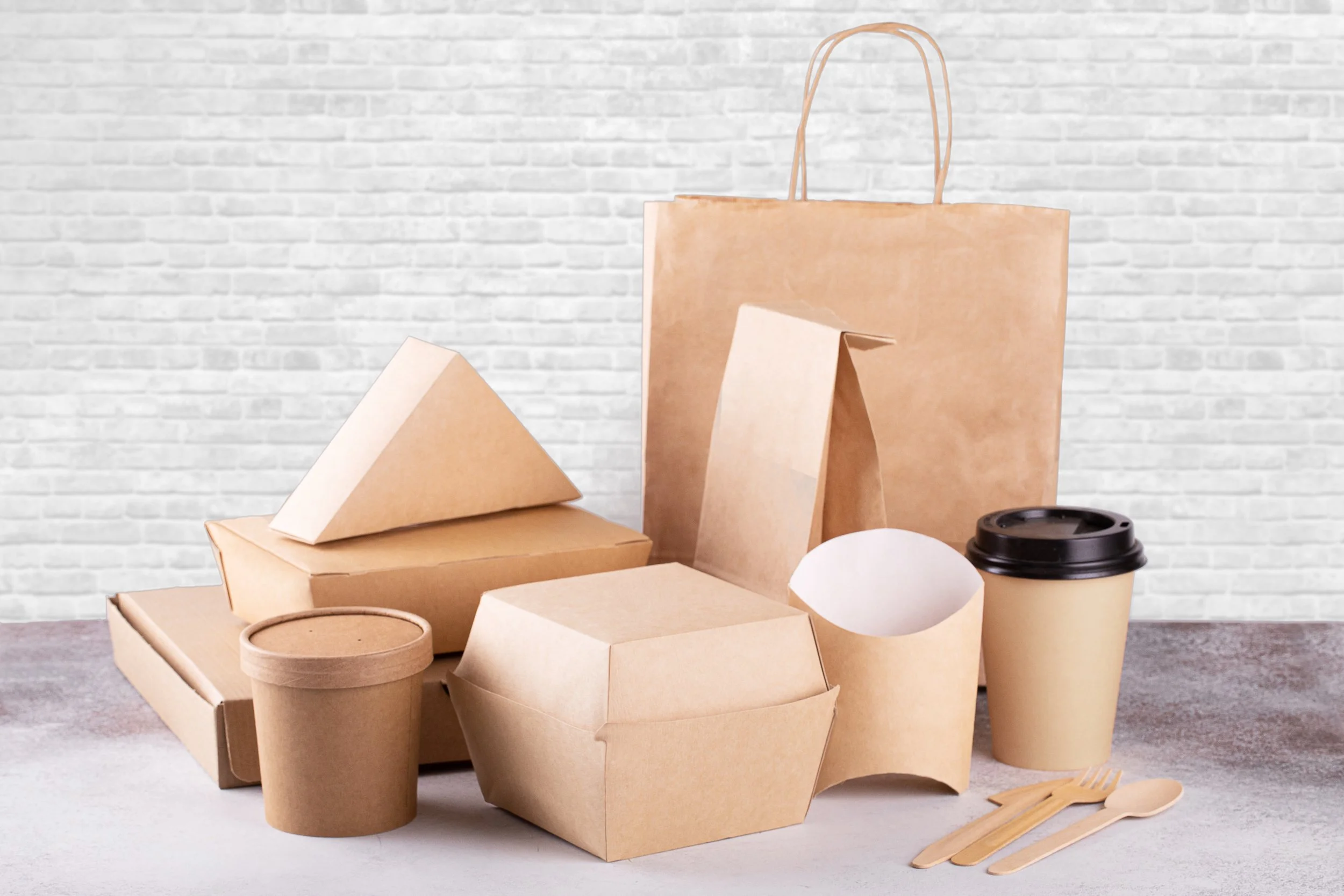 Various brown paper takeaway containers, cups, and wooden utensils on a table in front of a white brick wall.