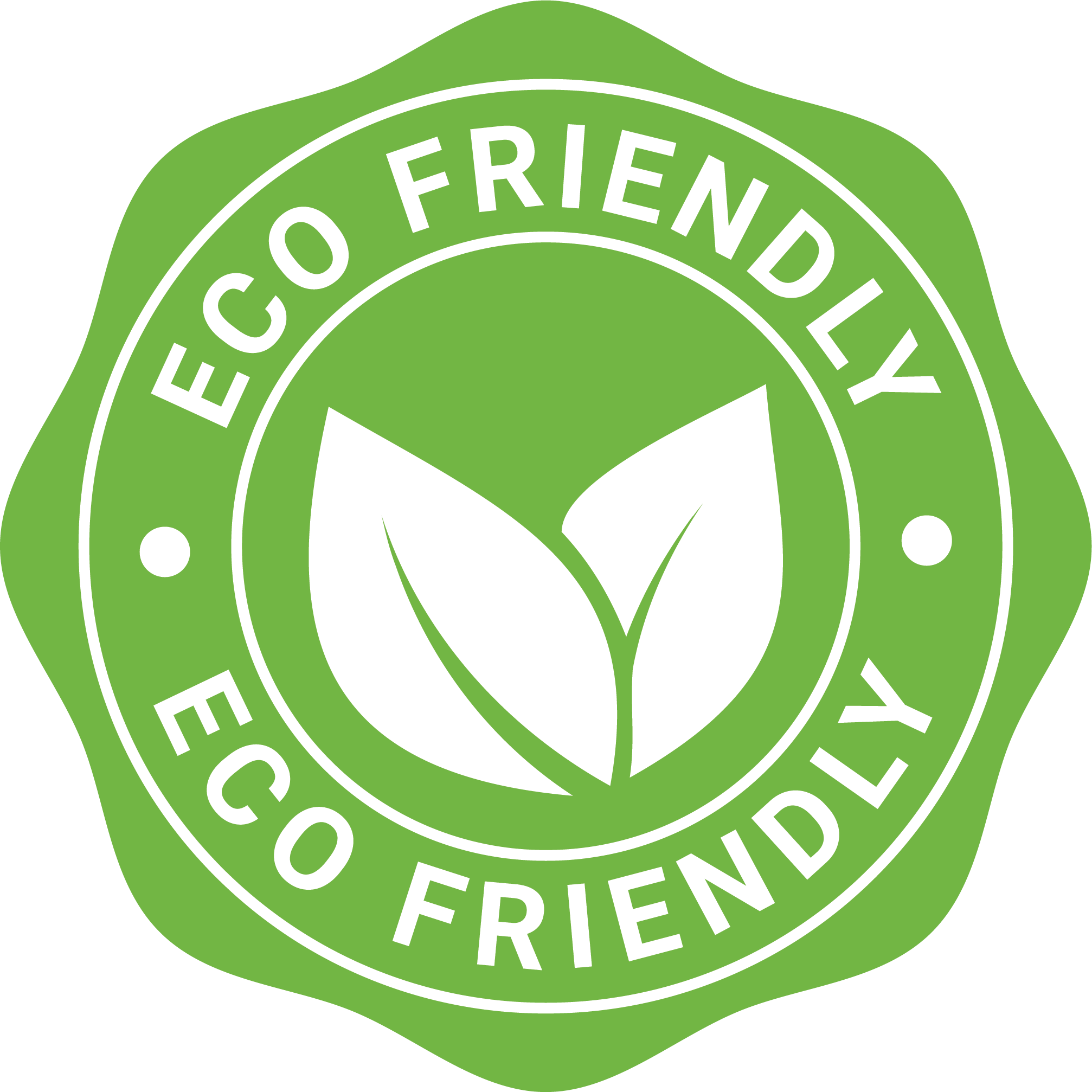 Green circular badge with the words "Eco Friendly" in white.