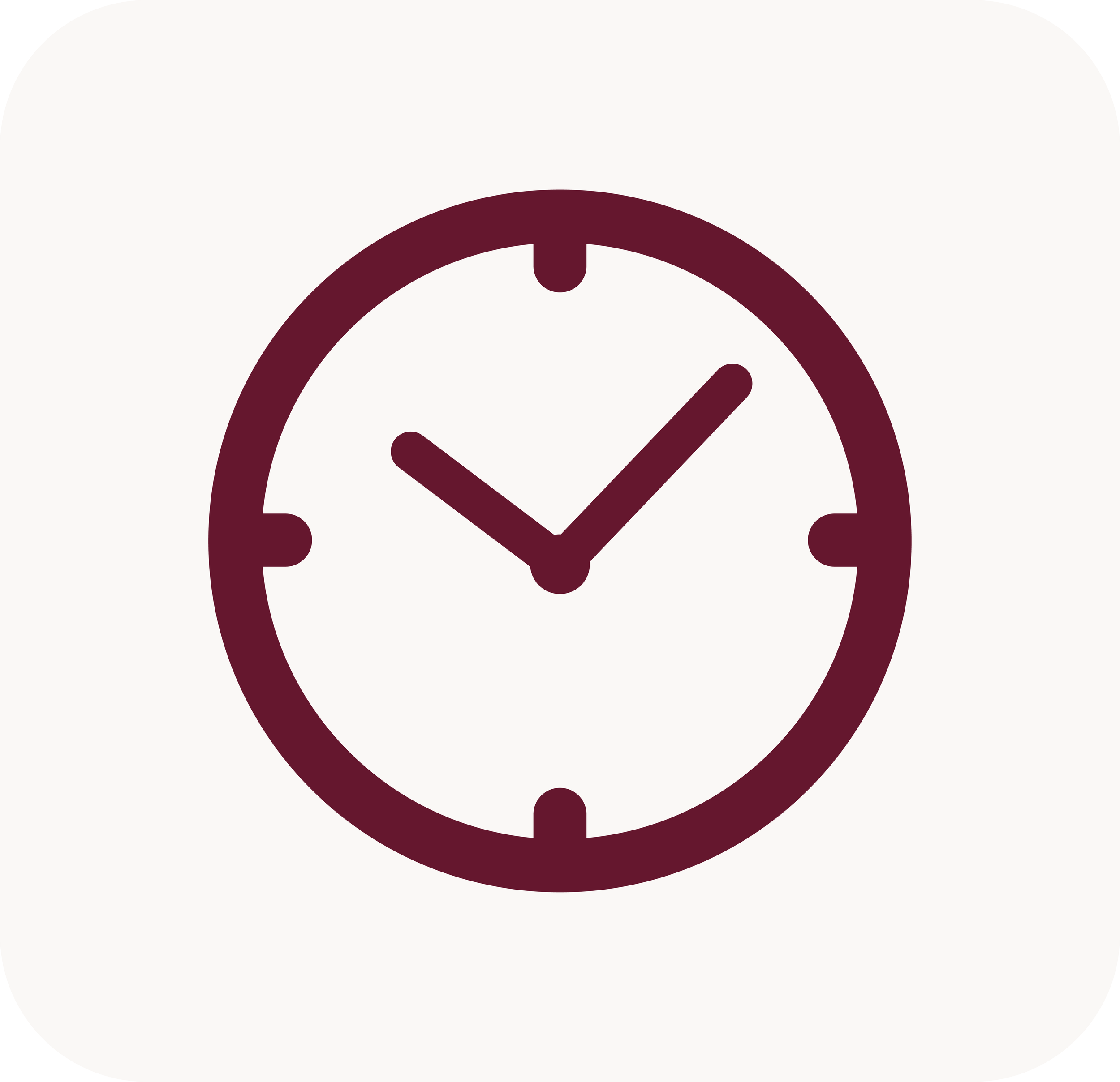 Close-up of a round, white clock face with black hour and minute hands, and a maroon outer ring.