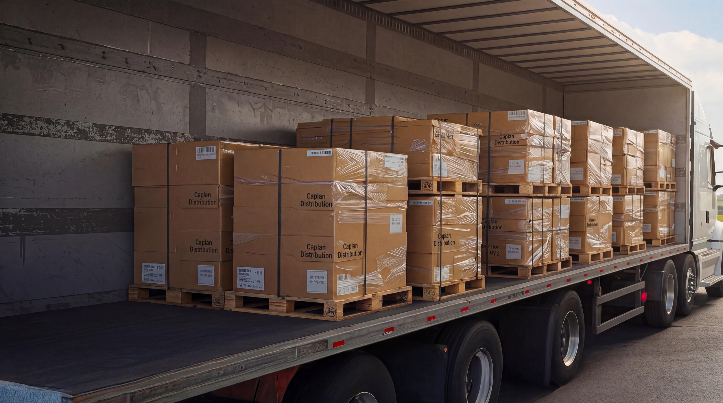 A delivery truck loaded with stacked cardboard boxes on wooden pallets, parked next to a concrete wall.