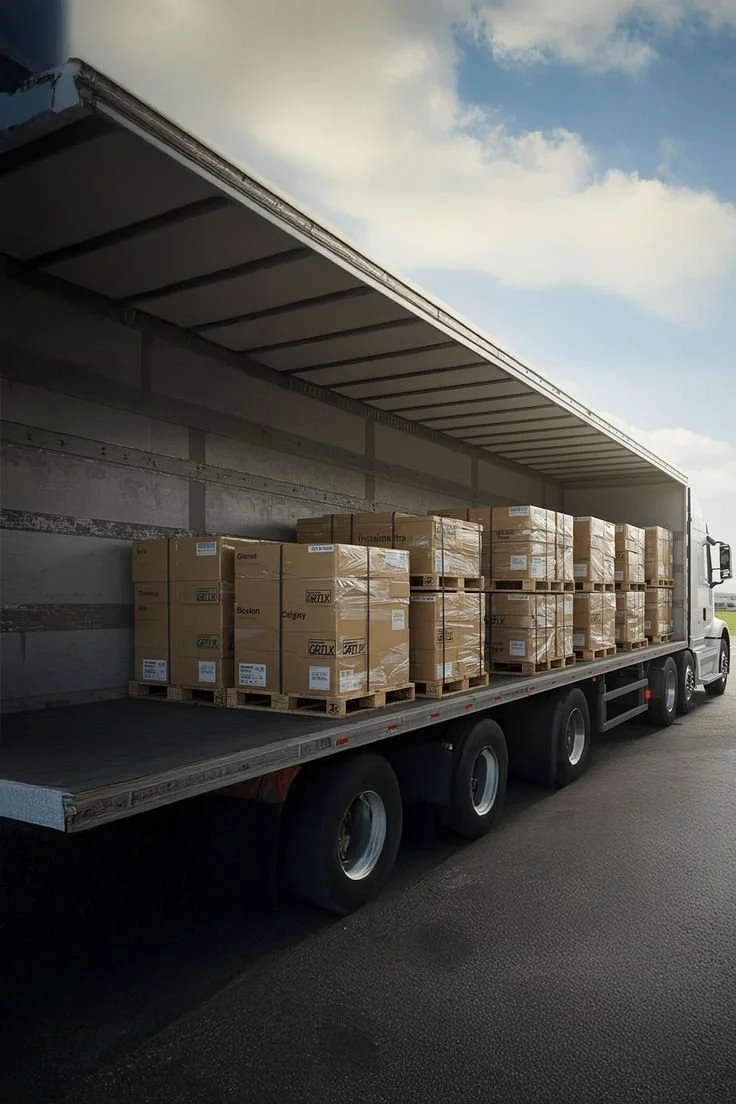 A flatbed truck carrying multiple pallets of boxed goods