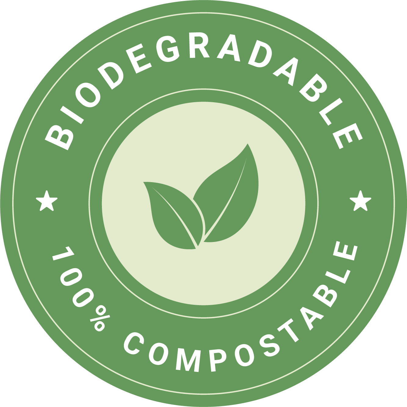 A circular badge with a green outer ring and a light green inner circle, featuring two leaves in the center, and the words 'BIODEGRADABLE', '100% COMPOSTABLE', and a small star in the outer ring.