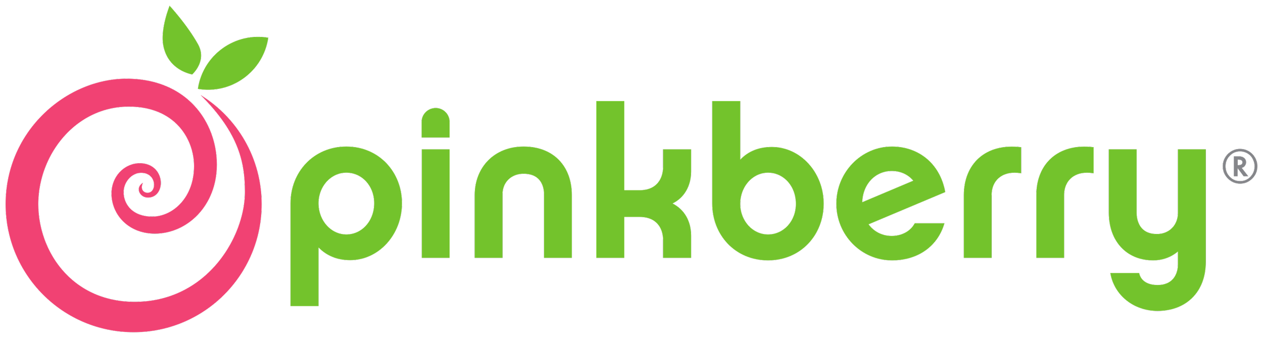 Pink and green logo of Pinkberry with a stylized pink fruit and green leaves next to the word 'pinkberry' in lowercase letters.
