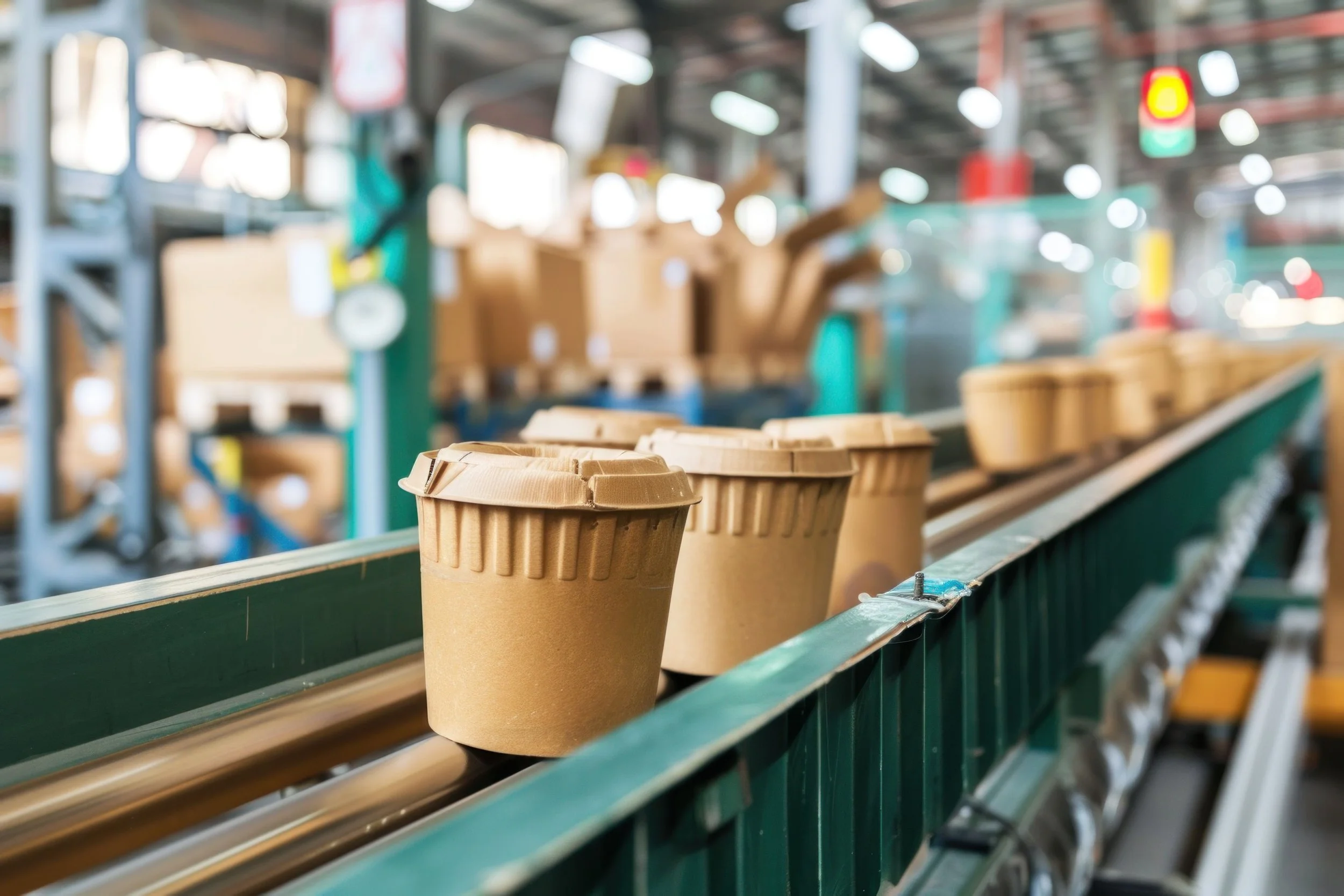 Brown paper coffee cups lined up on a conveyor belt in a warehouse or factory setting.
