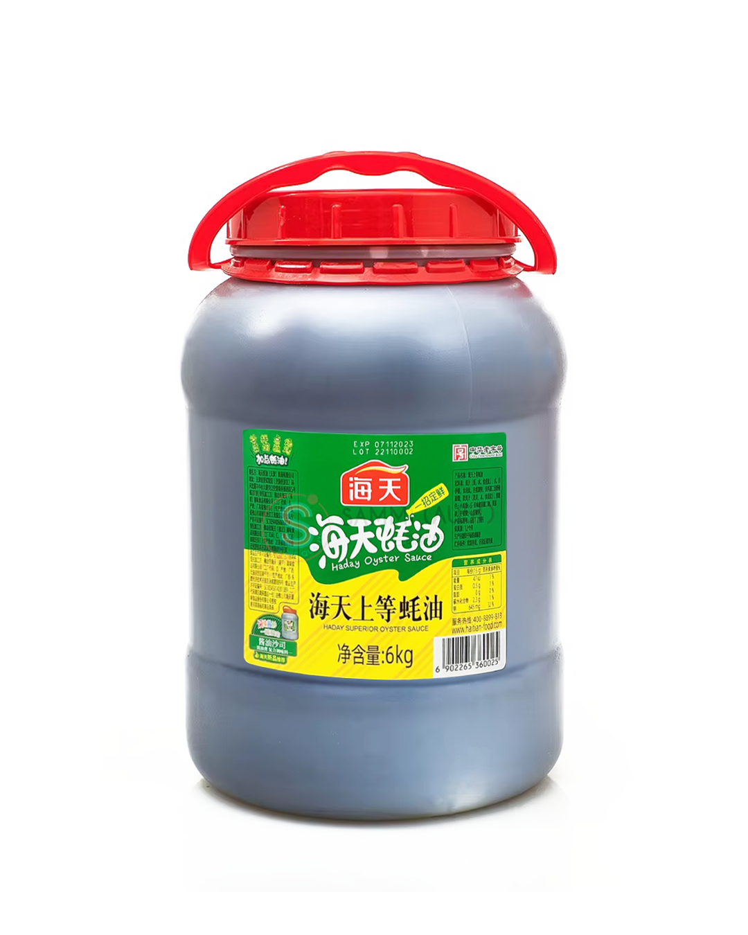 A large gray plastic container with a red handle and lid, labeled as Haday Oyster Sauce, net weight 6kg, with Chinese and English text.