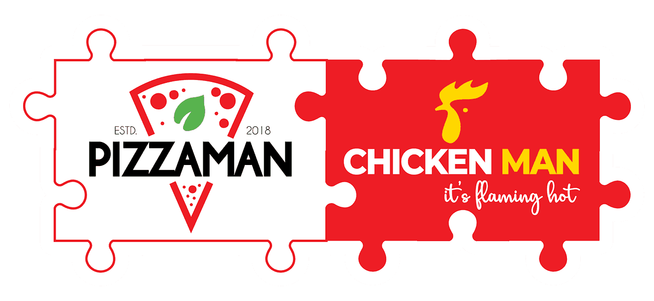 A promotional graphic with two puzzle pieces. The left piece features the Pizzaman logo with a pizza slice and the text "ESTD. 2018 Pizzaman." The right piece has a cartoon chili pepper, the text "CHICKEN MAN" in white and yellow, and the slogan "it's flaming hot" in white cursive on a red background.