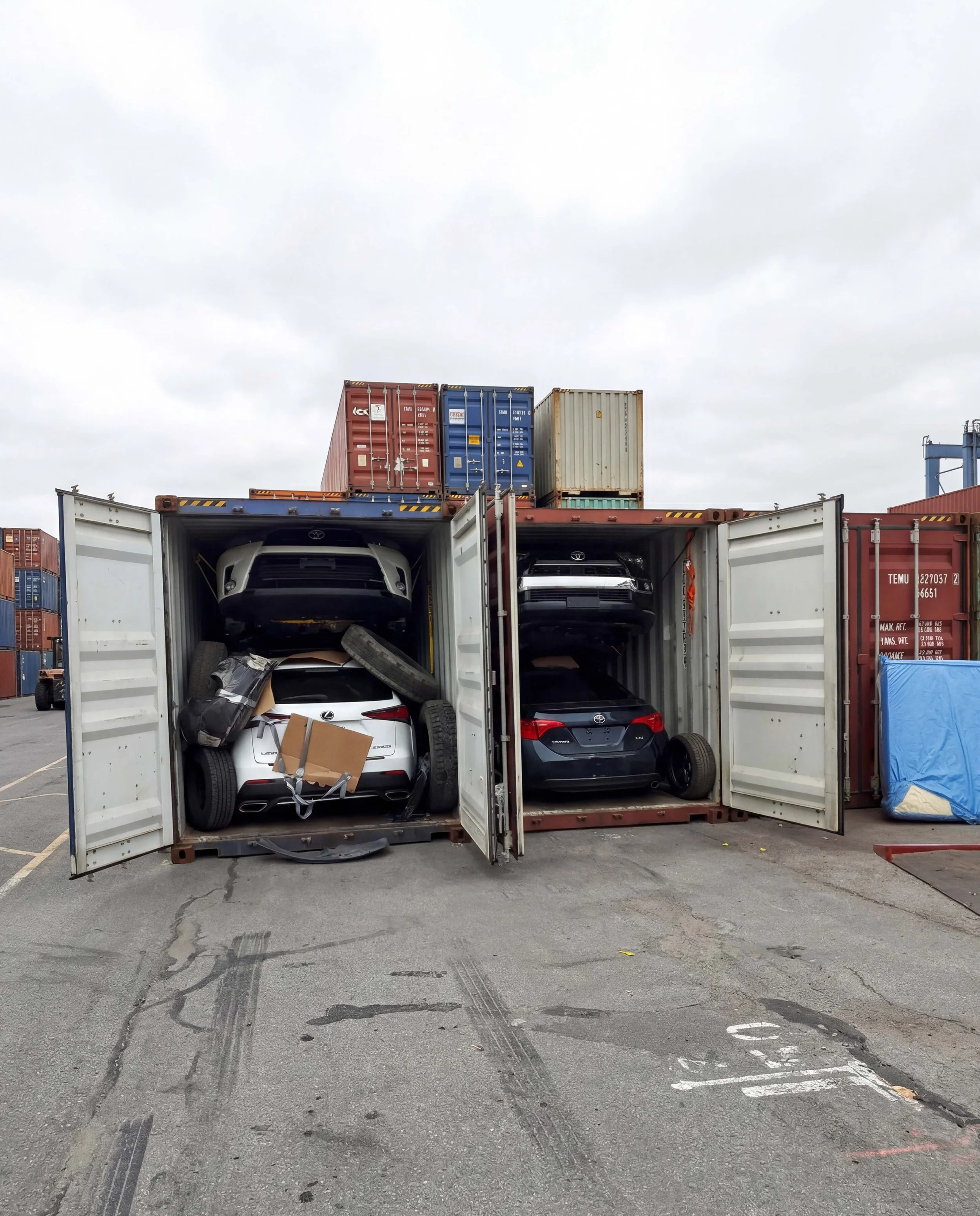 Open shipping container with cars inside, located in a parking lot on a cloudy day.