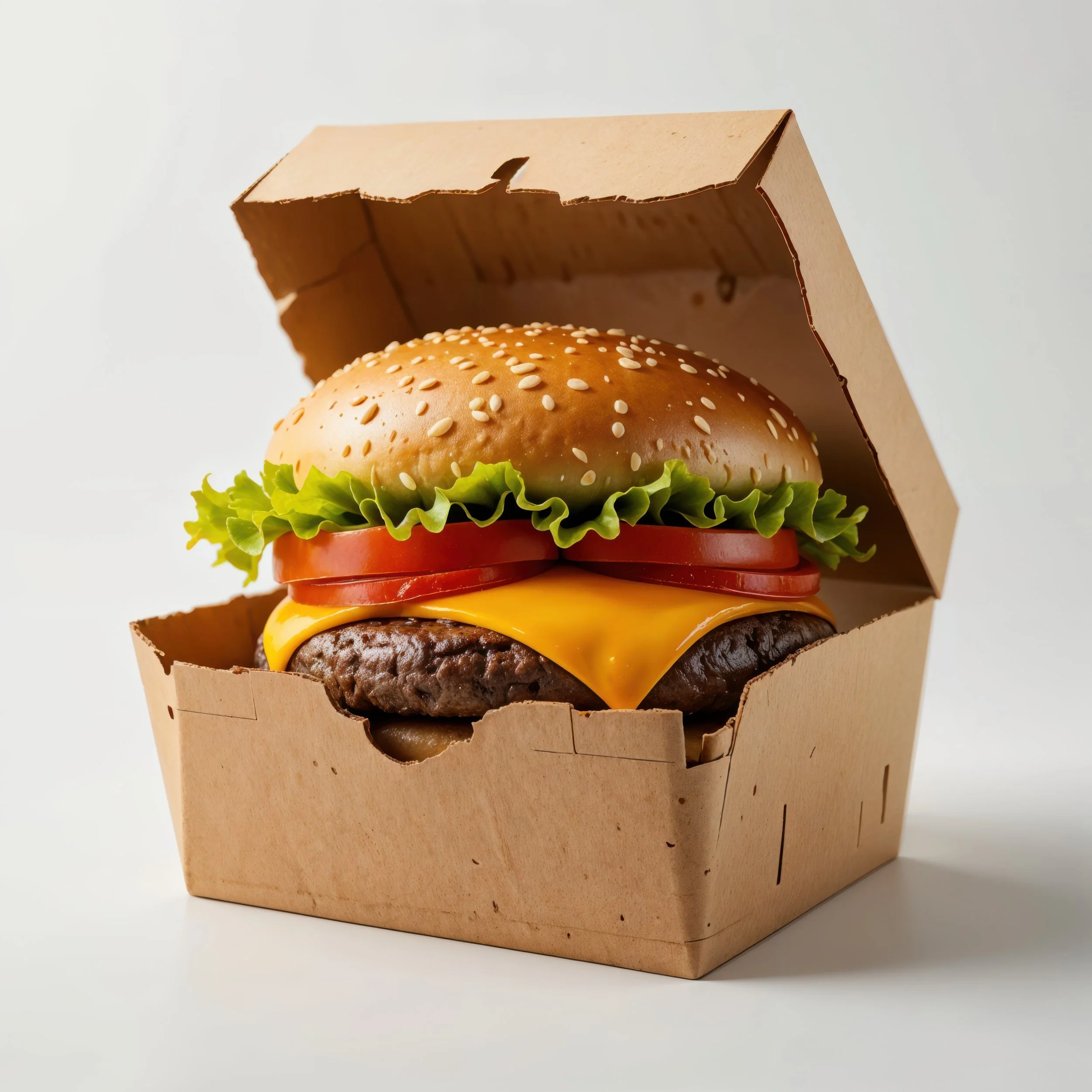 A burger inside a cardboard box, placed against a plain white background.