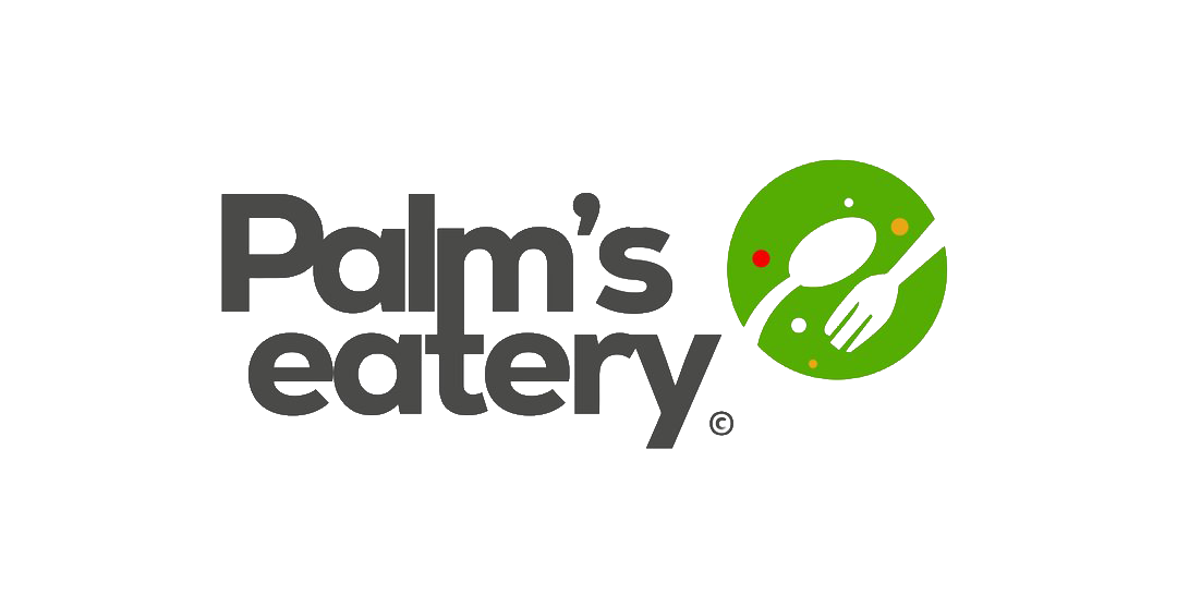 Logo with the text 'Palm's Eatery' in gray and a green circular icon featuring a stylized hand holding a fork with a box, dotted with small colored circles, on a green gradient background.