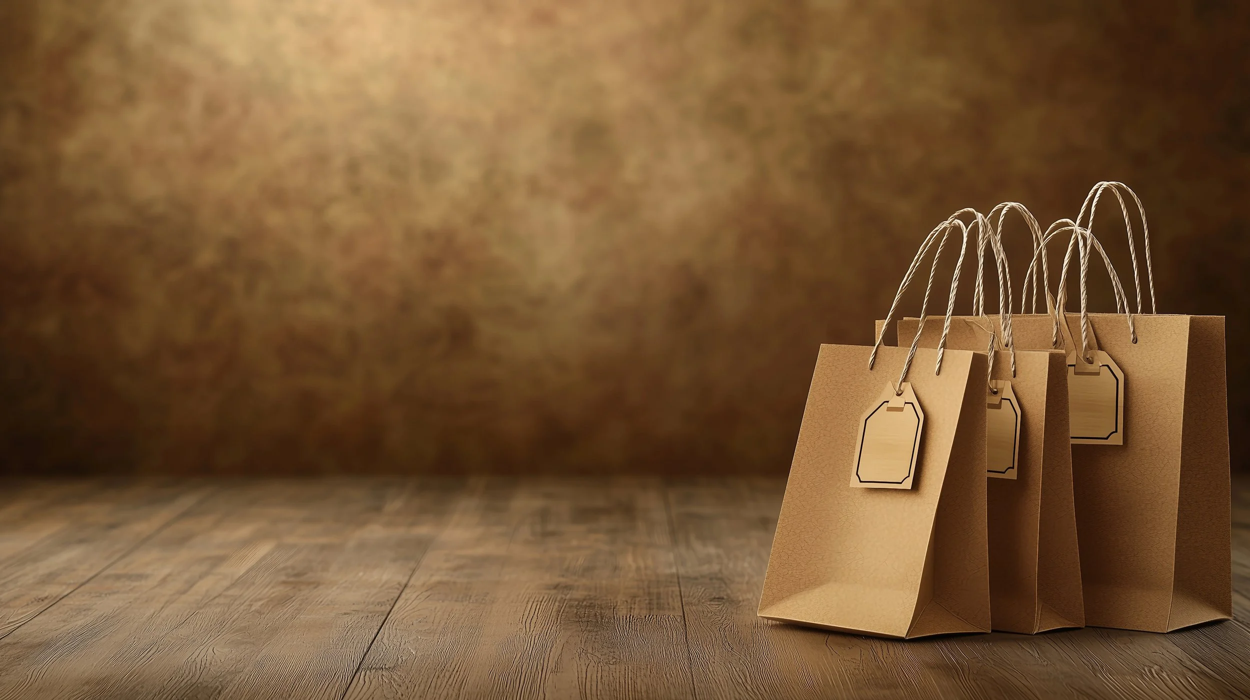Three brown paper shopping bags with blank tags on a wooden surface, against a brown textured background.