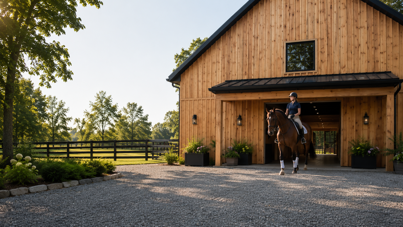 A woman riding a brown horse with a white saddle pad outside a wooden stable with black metal roof, during late afternoon or early evening.