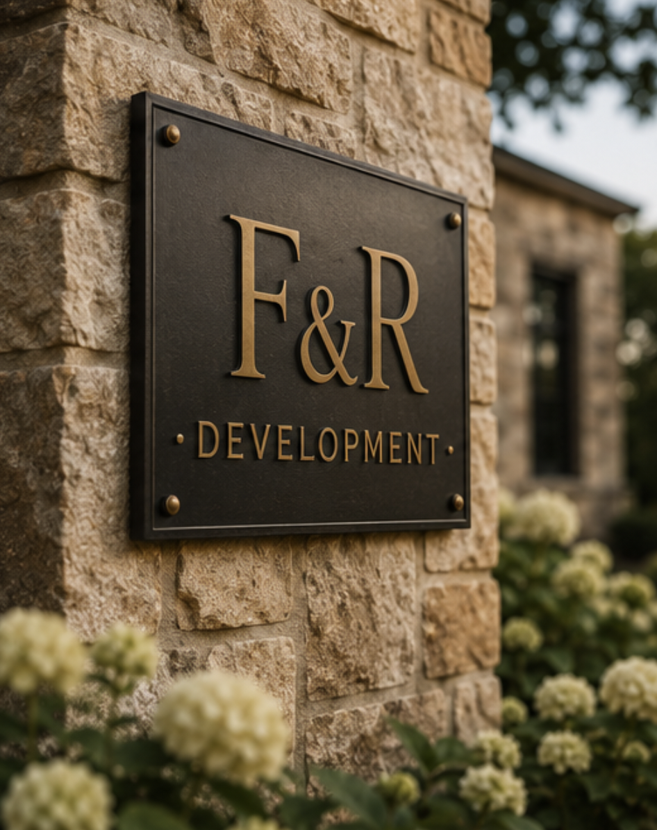 Close-up of a black plaque with gold lettering that reads 'F&R DEVELOPMENT' mounted on a brick wall outside a building, with white flowering bushes in the foreground.