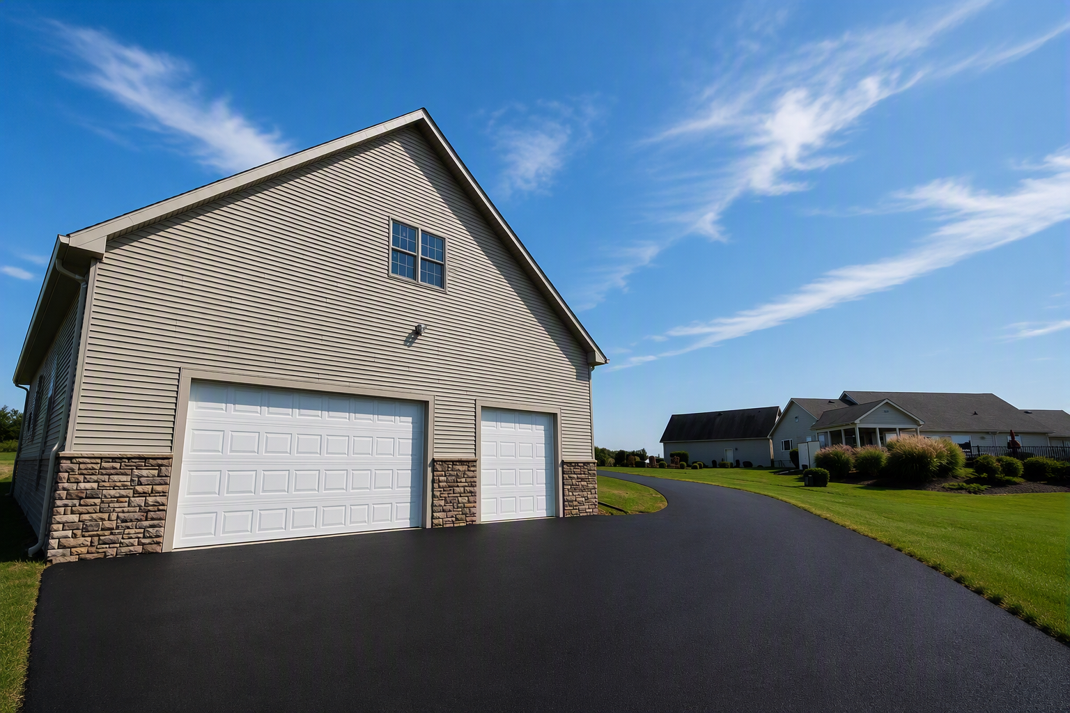 A detached garage with beige siding, stone accents, and two white garage doors, situated on a paved driveway with a well-maintained lawn and neighboring houses in the background under a blue sky with some clouds.