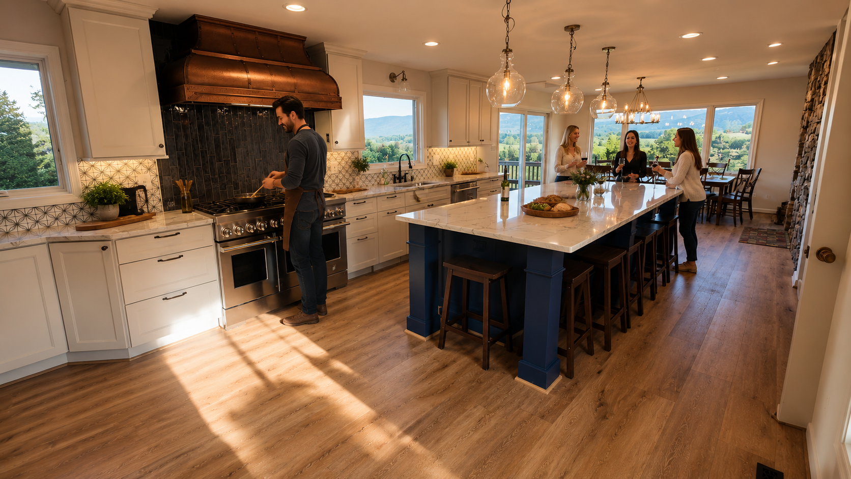 A spacious kitchen with white cabinets, a large island with a blue base, and three pendant lights hanging above. Four women are standing near the island talking, while a man is cooking at the stove. Large windows reveal a scenic landscape outside.