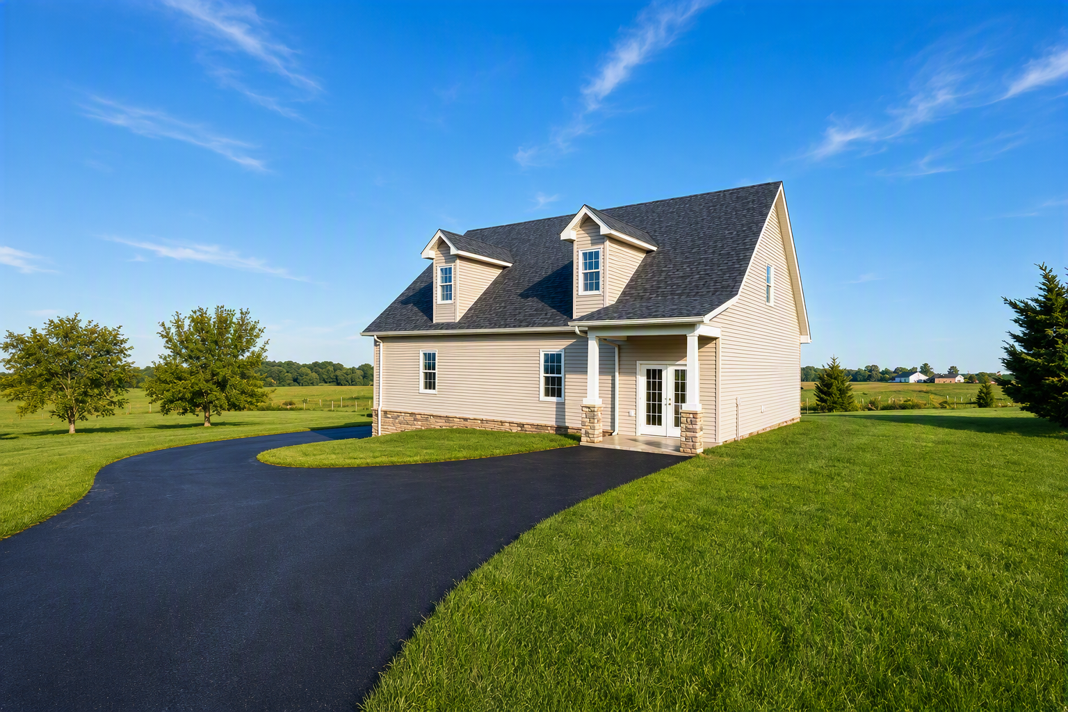 Image of a house with beige siding, black roof, and white trim, situated on a lush green lawn with a paved driveway, under a clear blue sky.