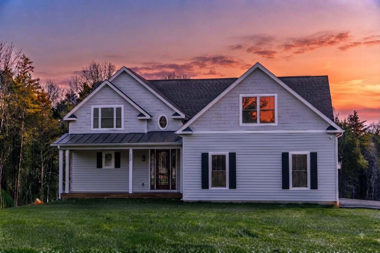 A two-story white house with black shutters and a dark roof, set against a sunset with orange and pink sky, surrounded by trees and a green lawn.